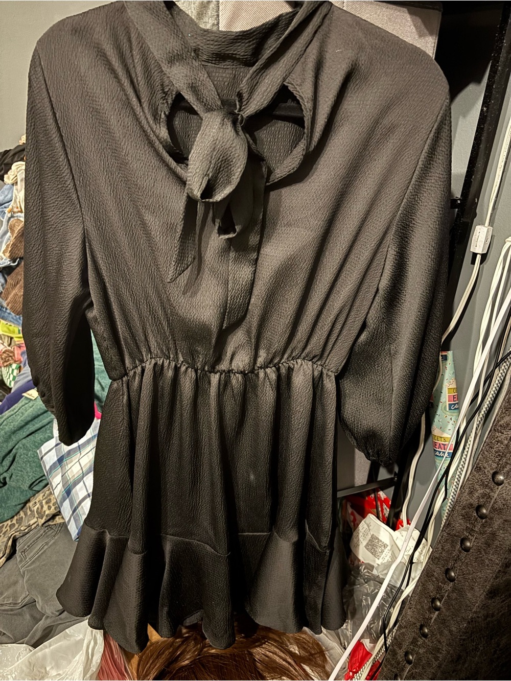 Vici Black Long-Sleeve Tie-Neck Peplum Dress